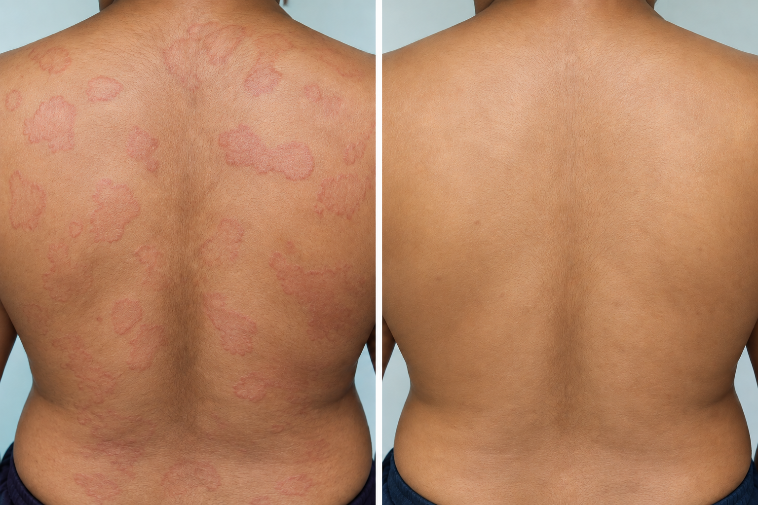 Before and after dermatological clearance of widespread back skin infection and rash