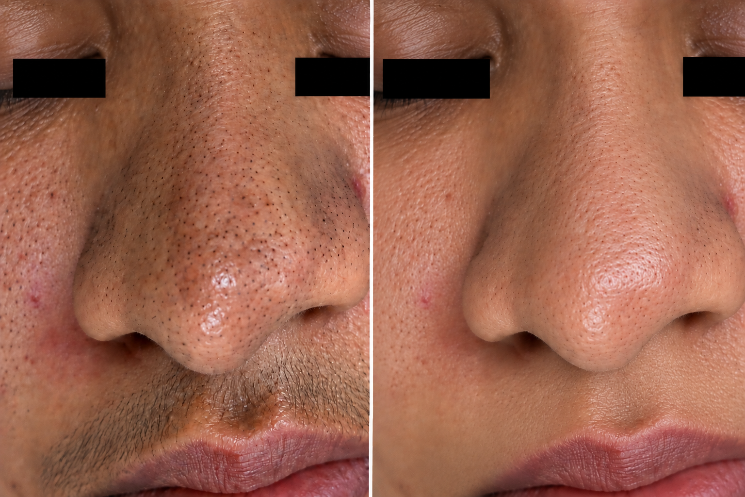 Before and after clinical pore cleansing and blackhead removal on nose